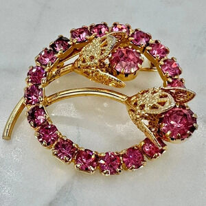 Vintage Pink Glass Brooch Pin Prong Set Rhinestones  Circle Flower Bud C…